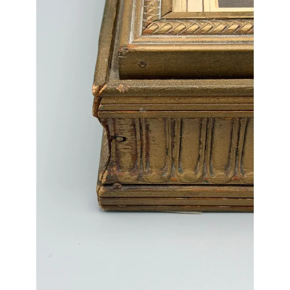 Gilt Wood Mirrored Jewelry Box Framed Pastoral Art Divided Vanity Keepsake